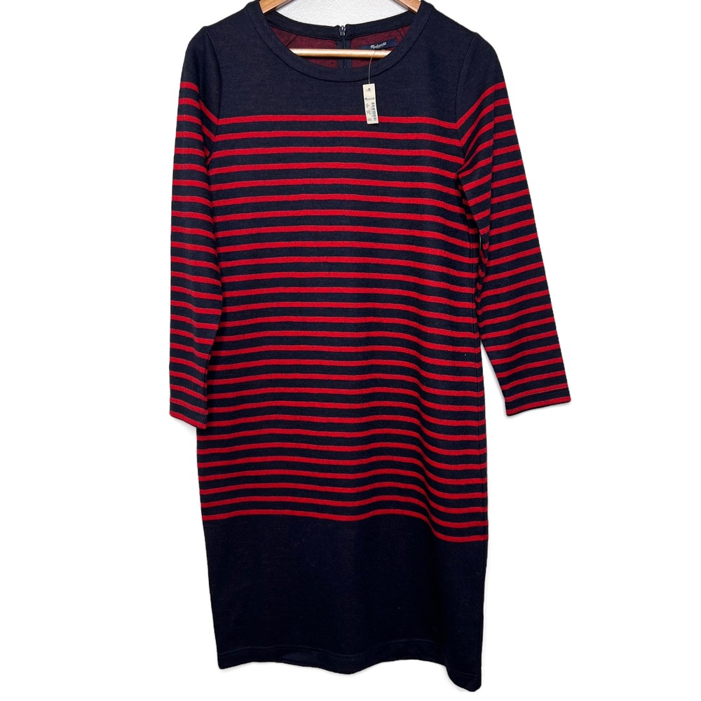 NWT Madewell Striped Long Sleeve Crewneck Knit Wool Blend Dress Navy Red Size‎ S